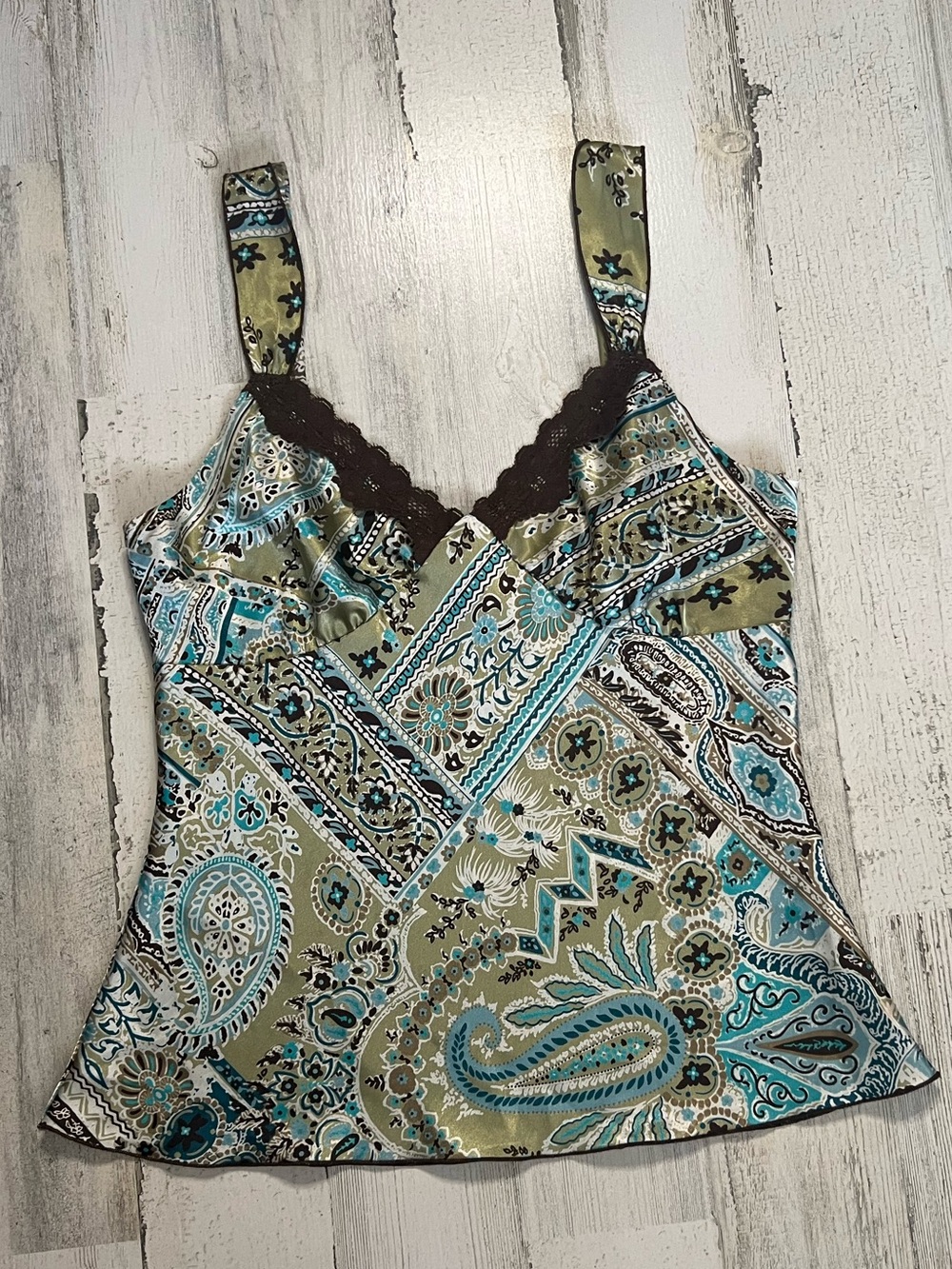 IZ Byer California Brown and Green Paisley Lace Top Size M